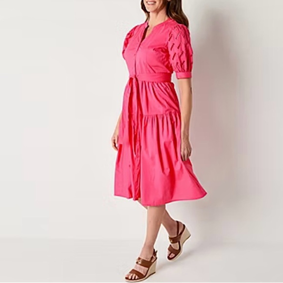 St. John's Bay Dresses & Skirts - St. John’s Bay Eyelet Cap Sleeve Tiered Tie Dress Pink